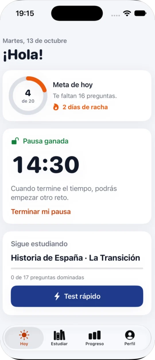 Pantalla de inicio con una pausa ganada de 14 minutos y 30 segundos